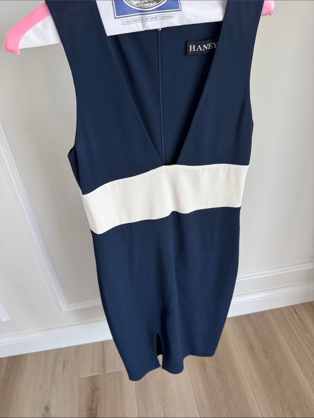 Brand new, no tag but never worn,Haney Navy Midi Dress with White Contrast Waist